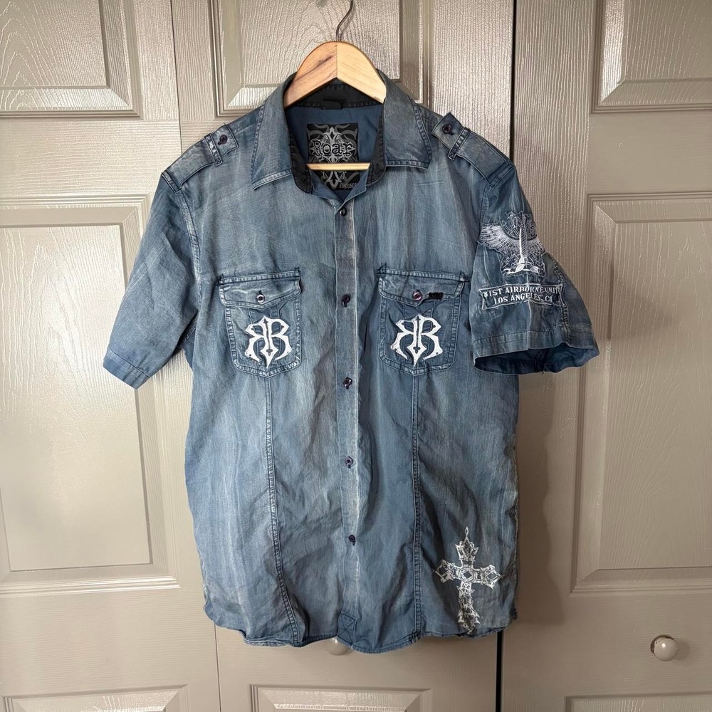 Roar Mens XXL Blue Short Sleeve Button Up Shirt Biker Grunge Embroidered Cross
